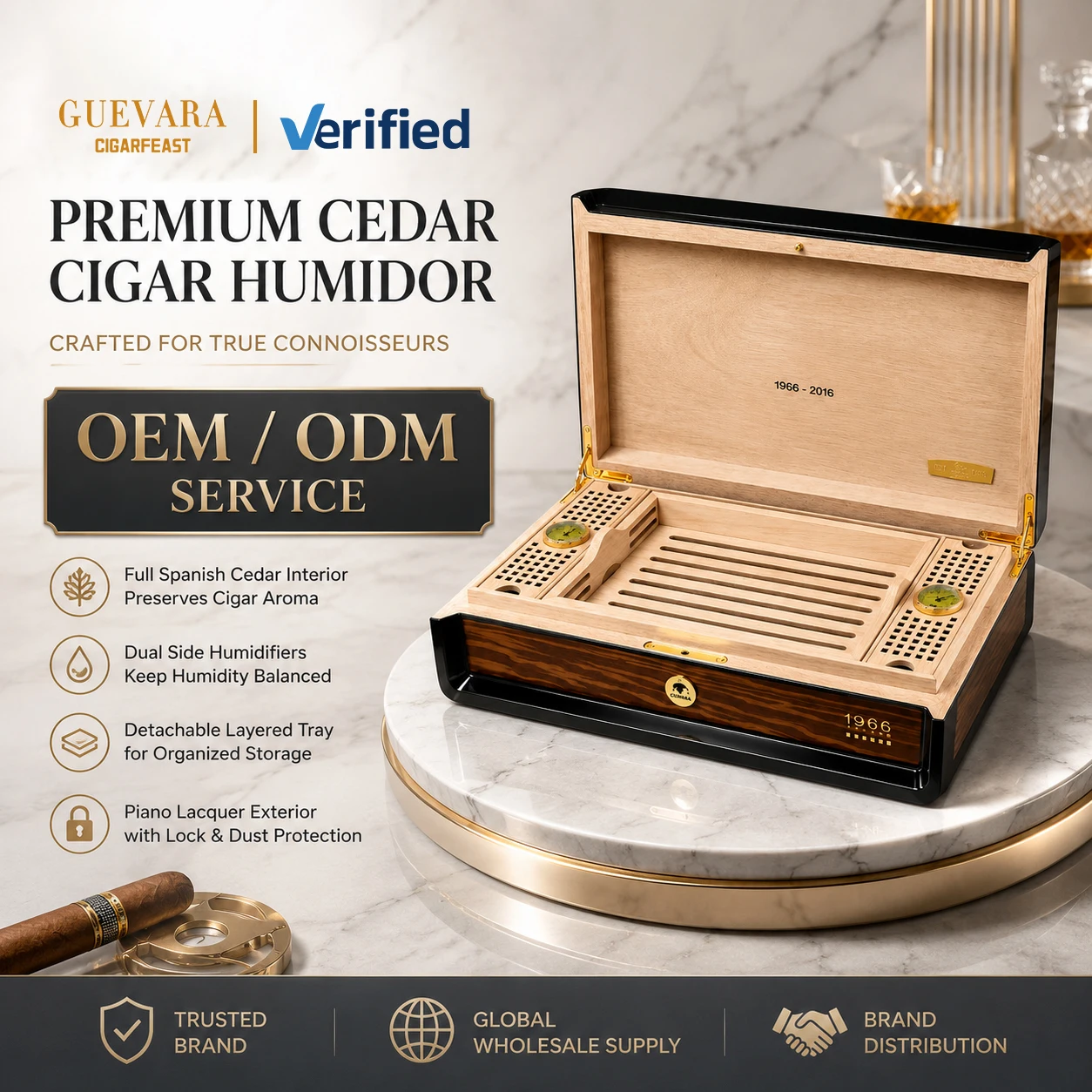 Handmade Polished Cigar Humidor Box, Spanish Cedar Lining, Dual Hygrometer & Humidifier, Cedar Tray Desktop Cigar Storage Case