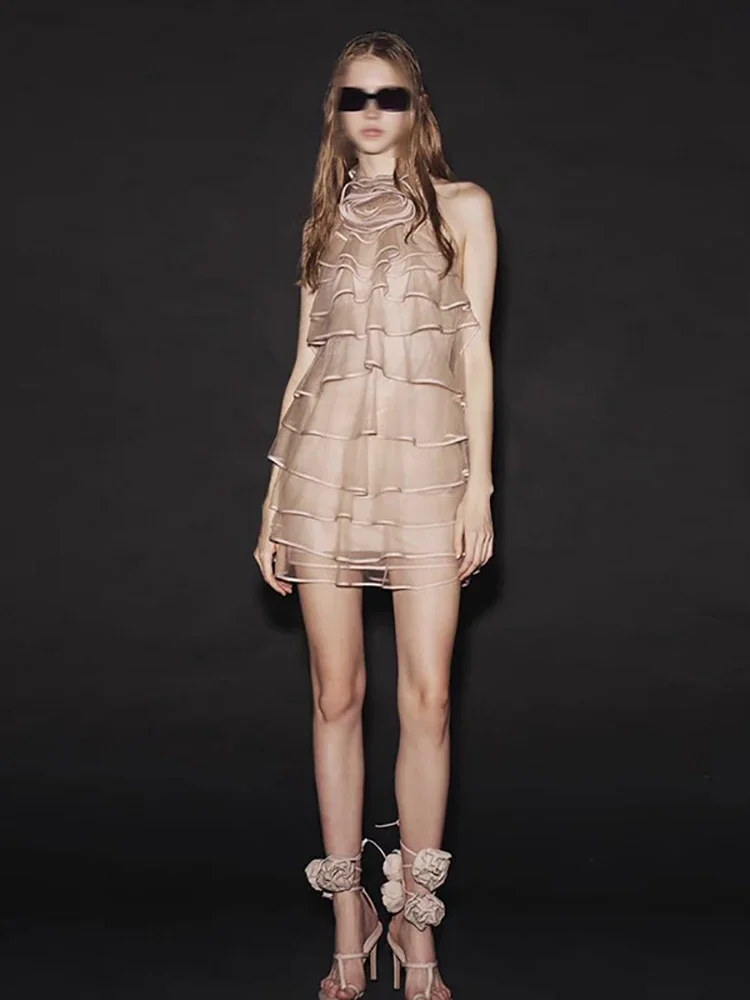 Sexy alta pescoço babados retalhos mini vestido feminino sem mangas sem costas em camadas vestidos finos festa de noite vestidos de cocktail
