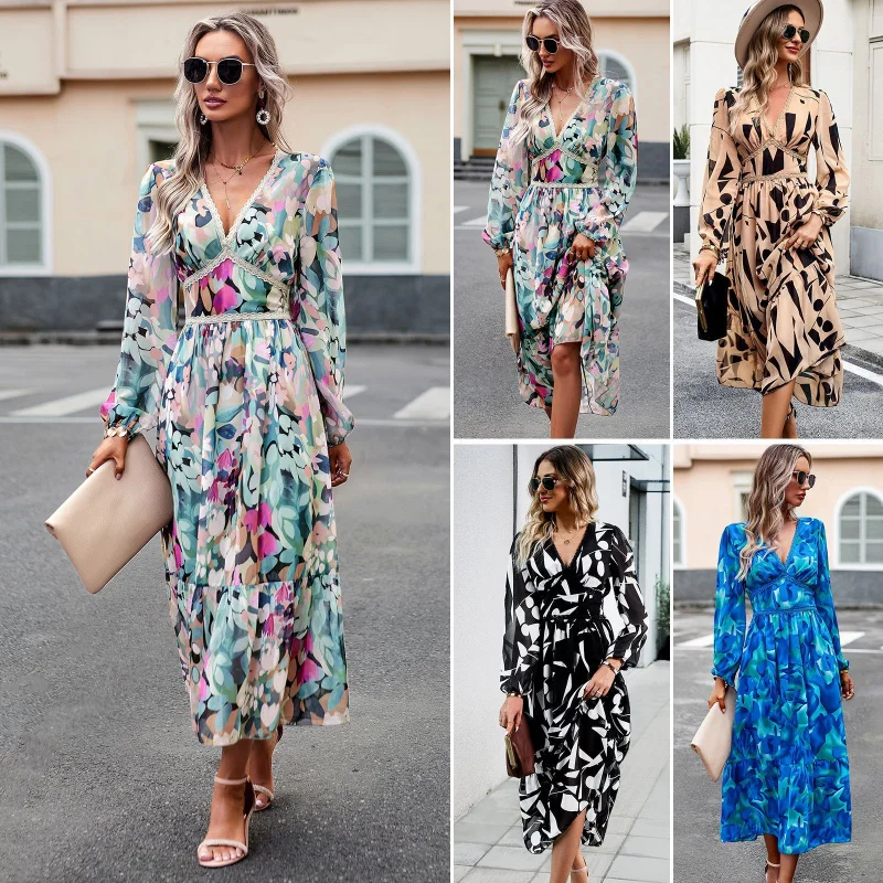 

Women'S Vacation Casual Printed V-Neck Long Sleeved Dress