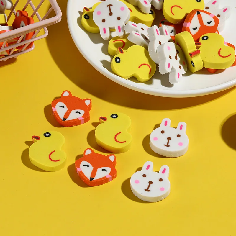 10Pcs/Lot Kawaii Cartoon Animal Pencil Erasers Cute Yellow Duck Rabbit Fox Rubber Easter Rubber School Stationery Student Gift