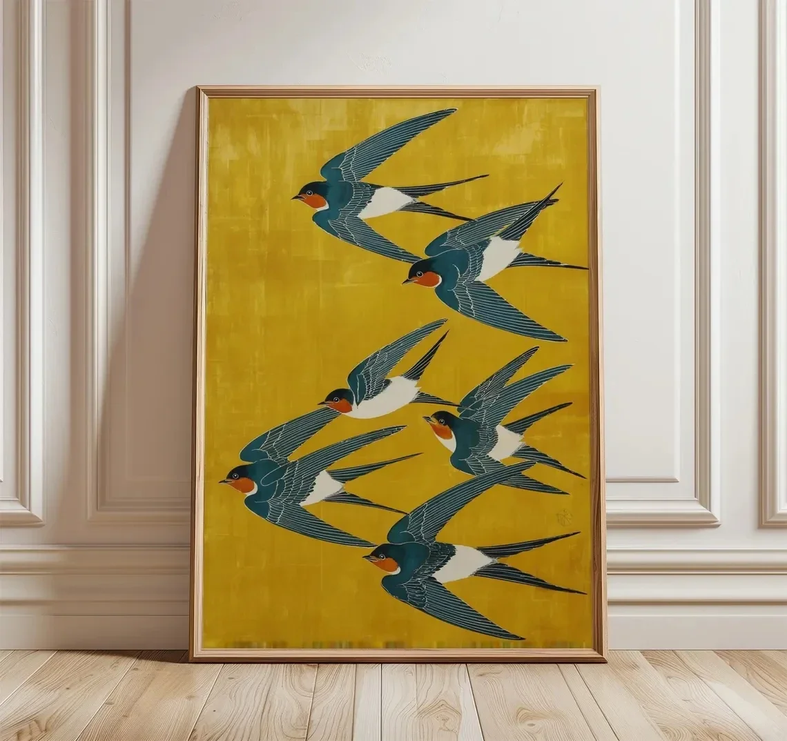 1pc frameless Canvas Painting Swallow Birds Poster Japanese Wall Art Canvas Print Yellow and Blue Wall Art Picture for Living
