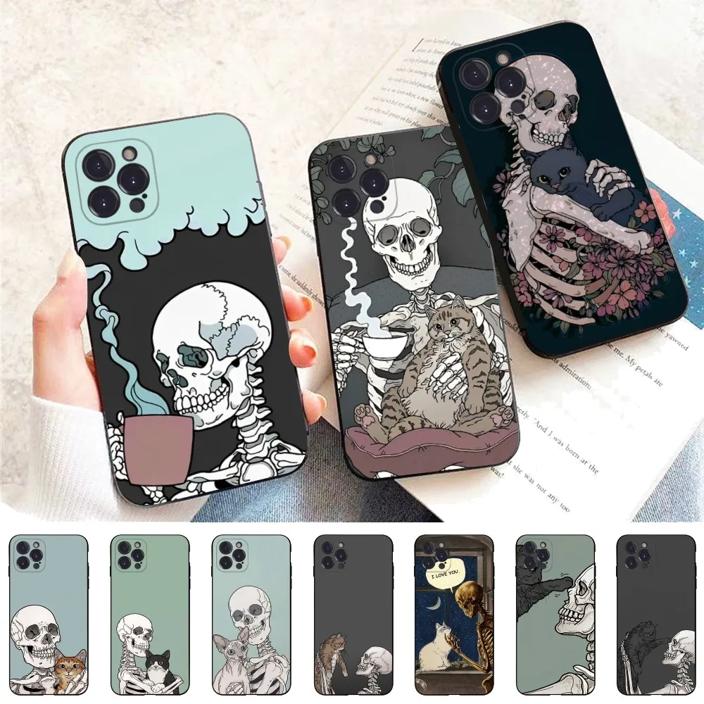 Skeleton and cat Phone Case Silicone Soft for iphone 15 14 13 12 11 Pro Mini XS MAX 8 7 6 Plus X XS XR Cover