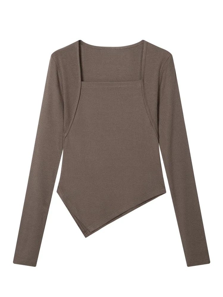 Irregular Asymmetric Hem Ribbed Slim Knit Blouse 2026 Autumn Winter Women's T-Shirt Square Neck Long Sleeve Tee Sexy Crop Top