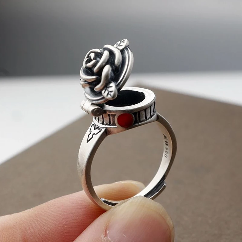 

Creative Design Adjustable Ring Open Vintage Personality Charm Rose Box Opening Ladies Delicate Elegant Silver Jewelry