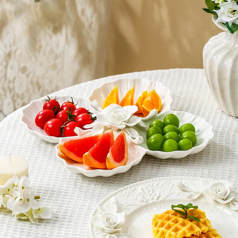 Northern Europe Ceramic Plate Manual Craft Flowers Relief Dessert Organizer Hotel Desktop Fruit Salad Plates Kitchen Tableware