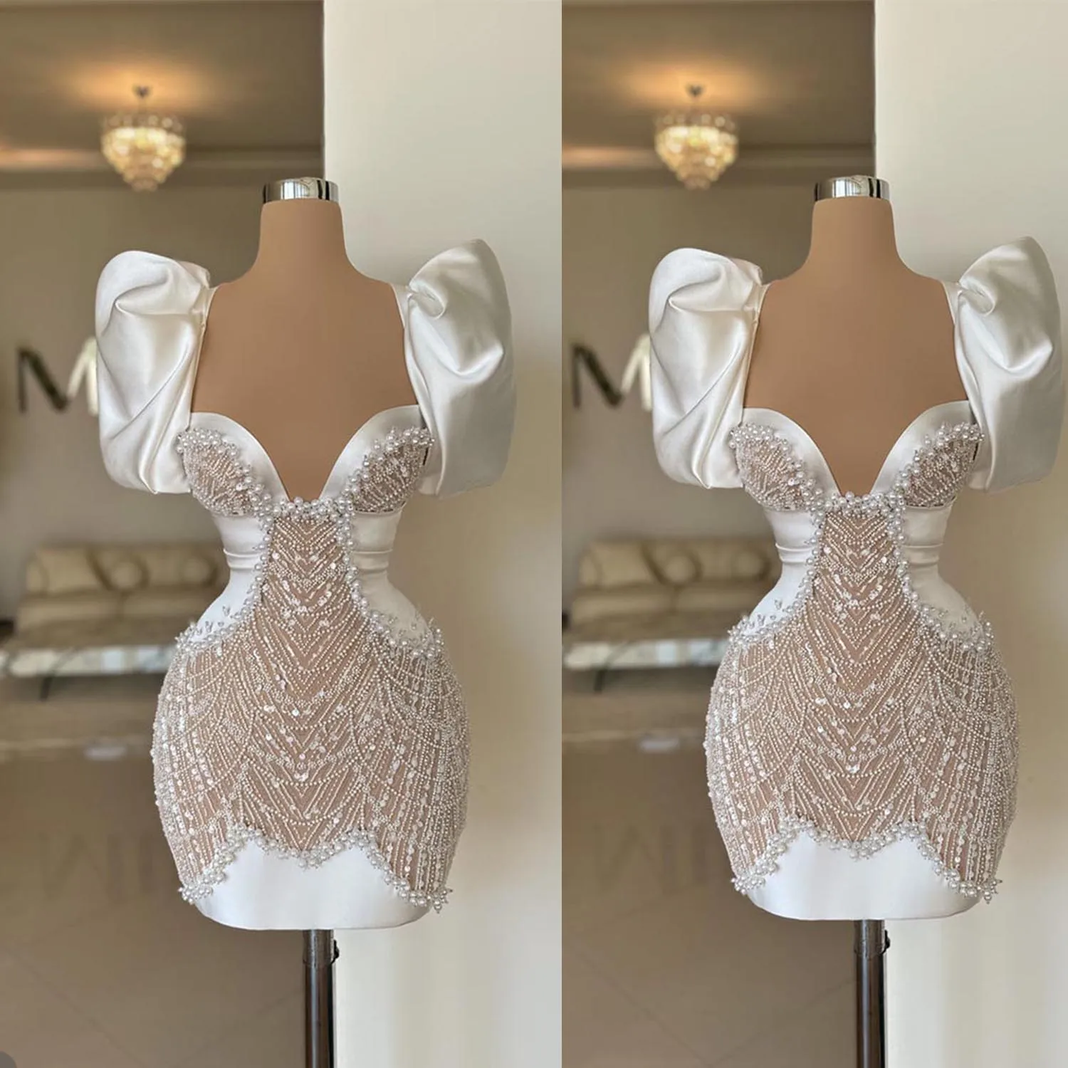 Moderne Perle Ballkleid Pailletten Rüschen ärmel kurze Pailletten Satin formelle Gelegenheit Cocktail Abendkleider nach Maß