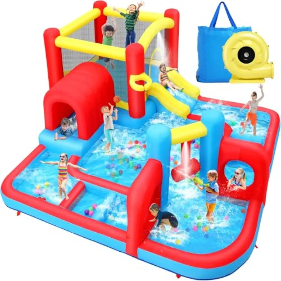 Backyard inflatable water slide bounce house obstacle course for kids: PVC blue and yellow large 14.3x14.3 ft pool with sprinkl