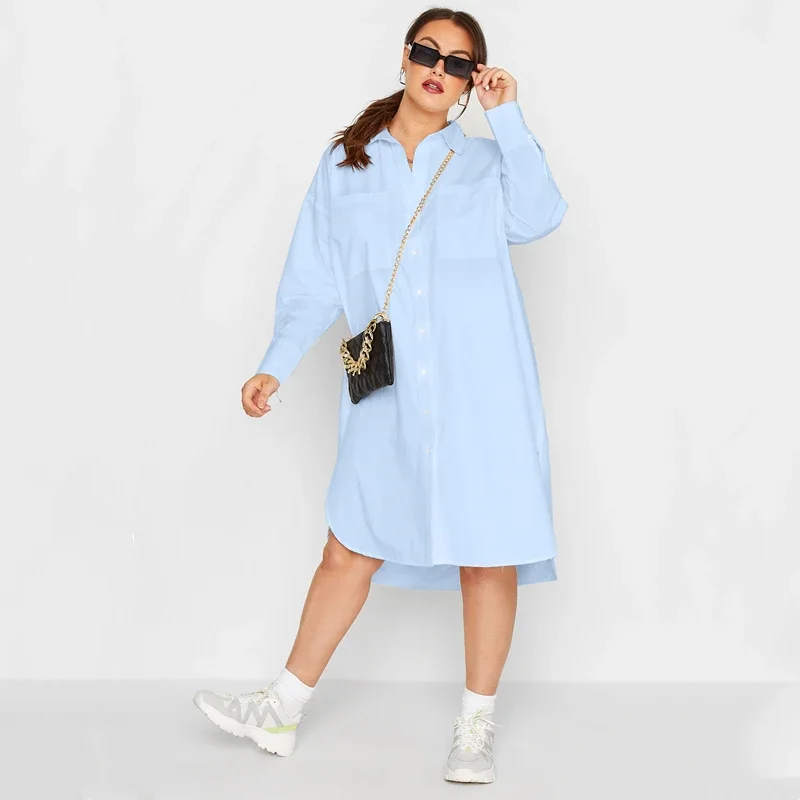 

Plus Size Long Rolling Sleeve Spring Autumn Elegant Shirt Dress Women Button Front Blue Hi Low Business Casual Midi Dress 8XL