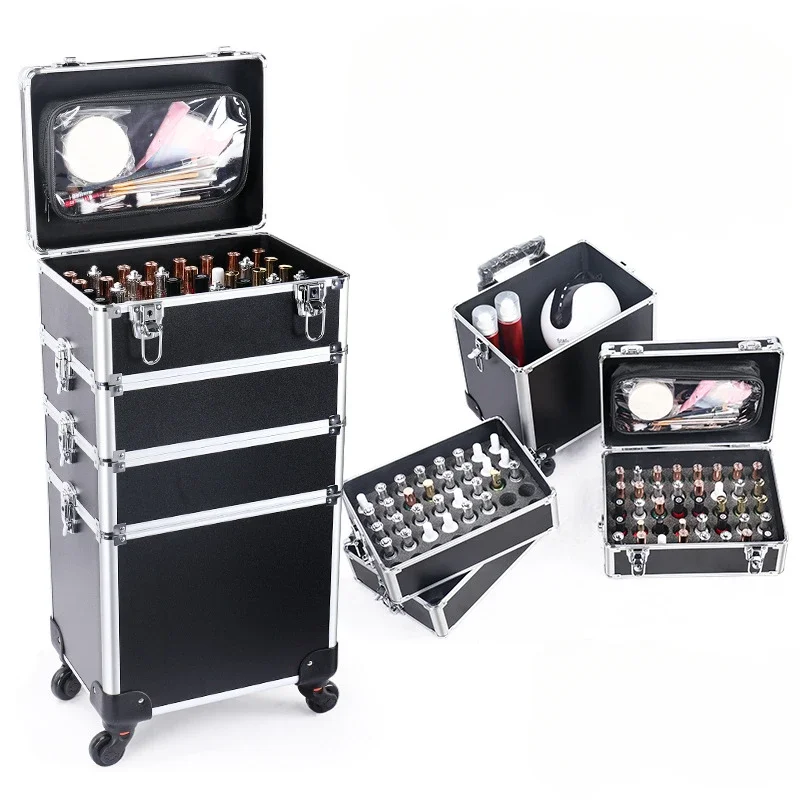 Professional 2/3/4 Layers Trolley Makeup Suitcase Detachable Nail Tattoo Embroidery Beauty Toolbox Makeup Trolley Case