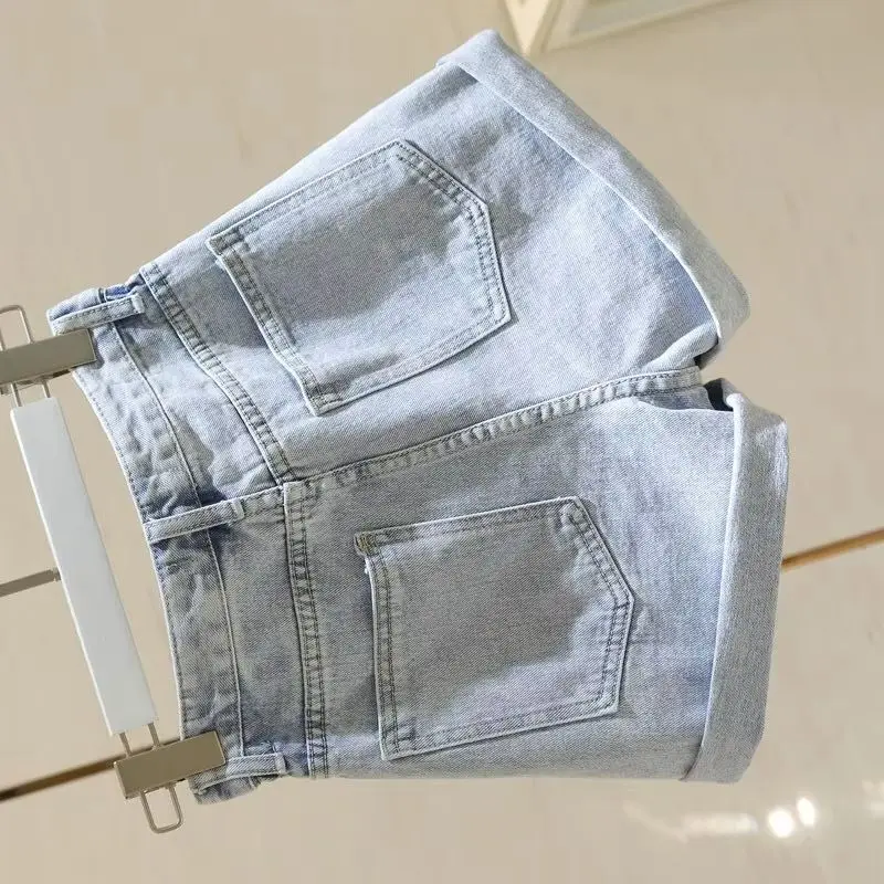 Zipper Fly Roll Up Hem Denim Shorts Women Fashion Summer High Waist Pockets Female Straight Leg Jean Shorts For Woman