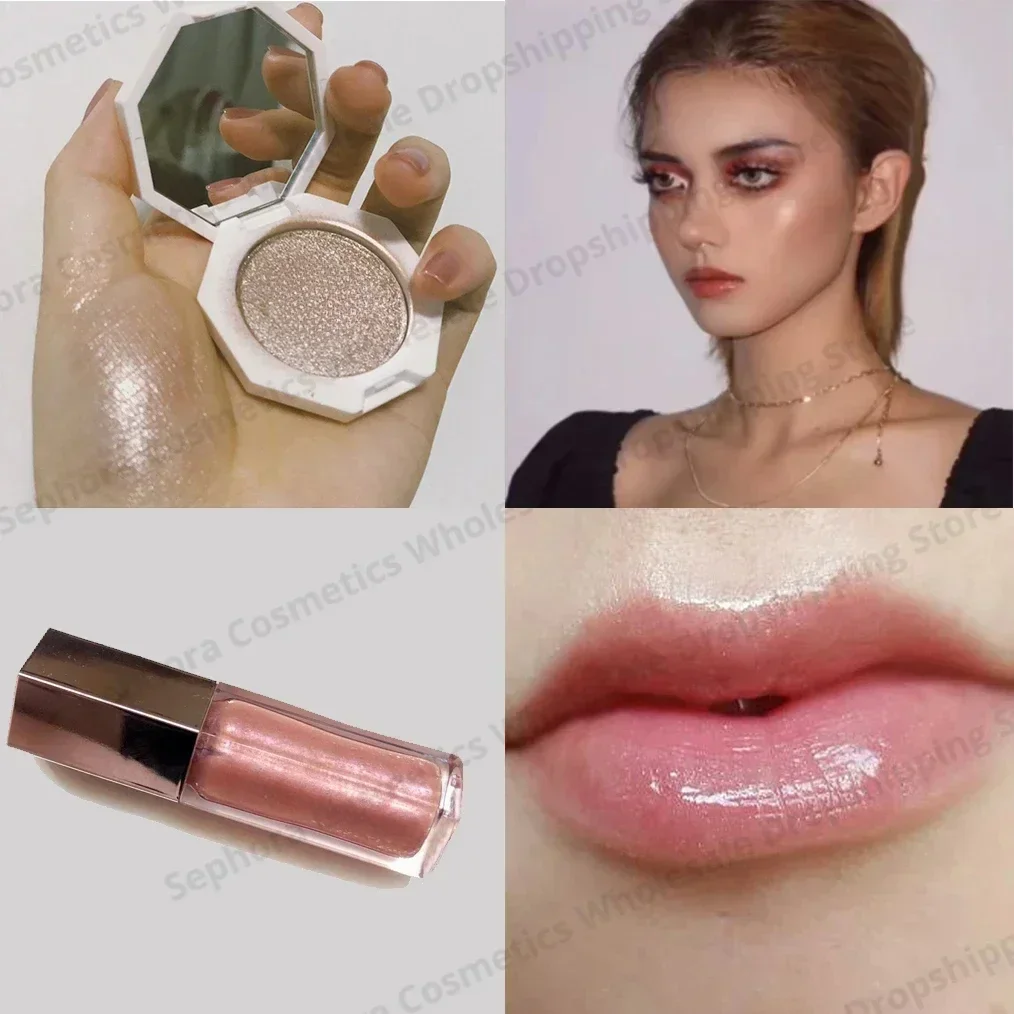 Lip Gloss Set com espelho, hidratante, brilho fino, destaque, brilho, sombra do nariz, combinação, 2 em 1