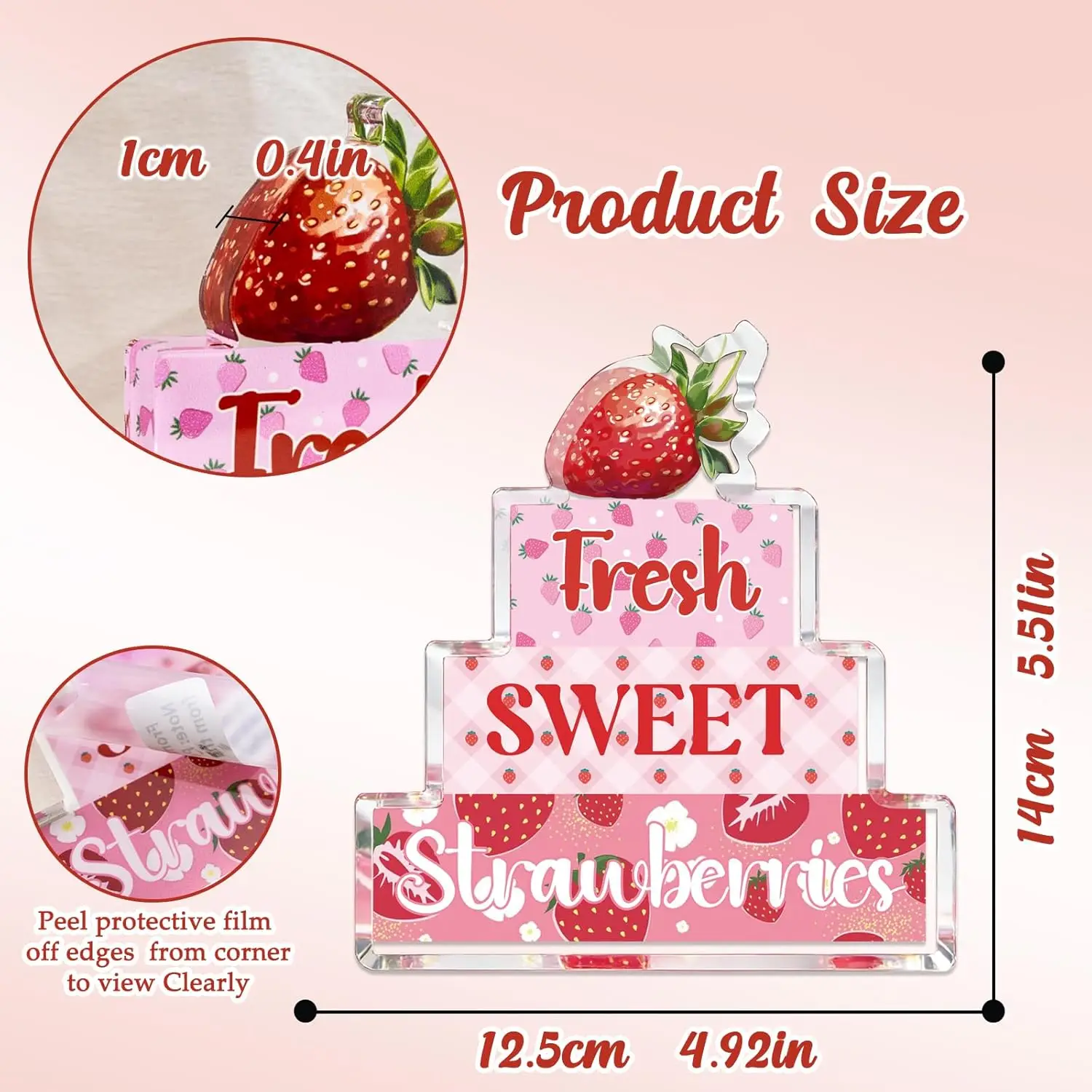 Strawberry Tiered Cake Shape Acrylic 2D Table Sign, Fresh Sweet Strawberries Print Desktop Decor, Thanksgiving Gift Christmas