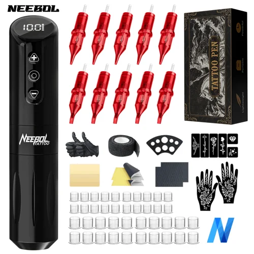 NeebolRotary-Kit de máquina de tatuaje inalámbrica, juego completo de tatuaje con aguja de cartucho de 10 Uds., herramienta de maquillaje permanente para tatuador