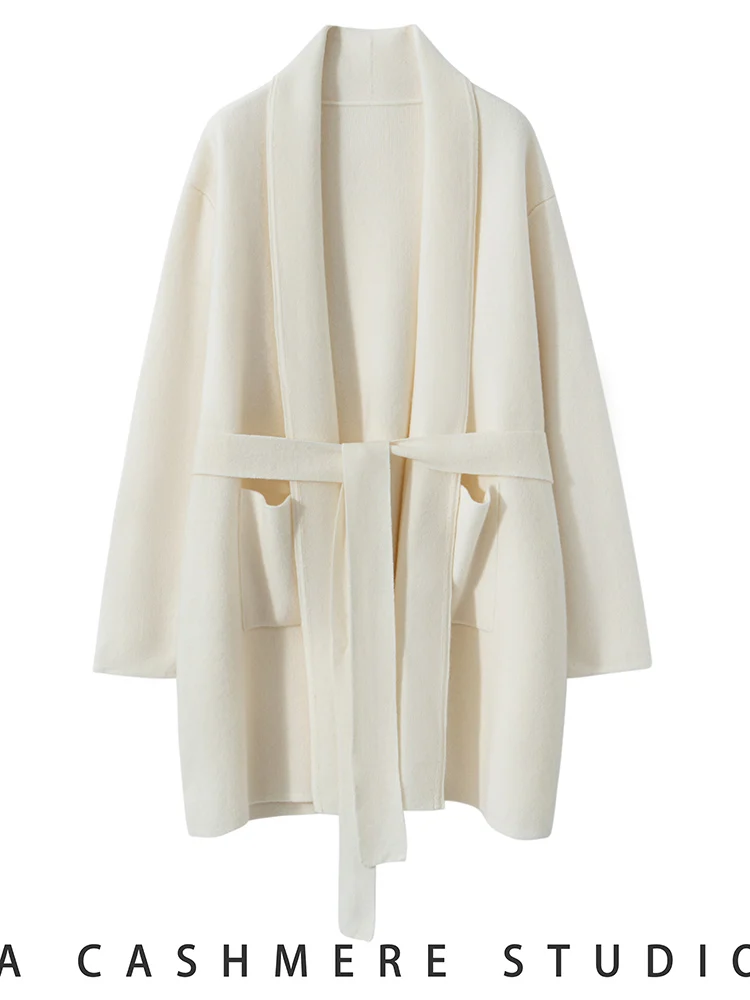 Neue Frauen 100% Kaschmir Pullover Außentasche Taille Gürtel Schwere Kaschmir Strickjacke Herbst Winter Dicke Büro Dame Chic Tops