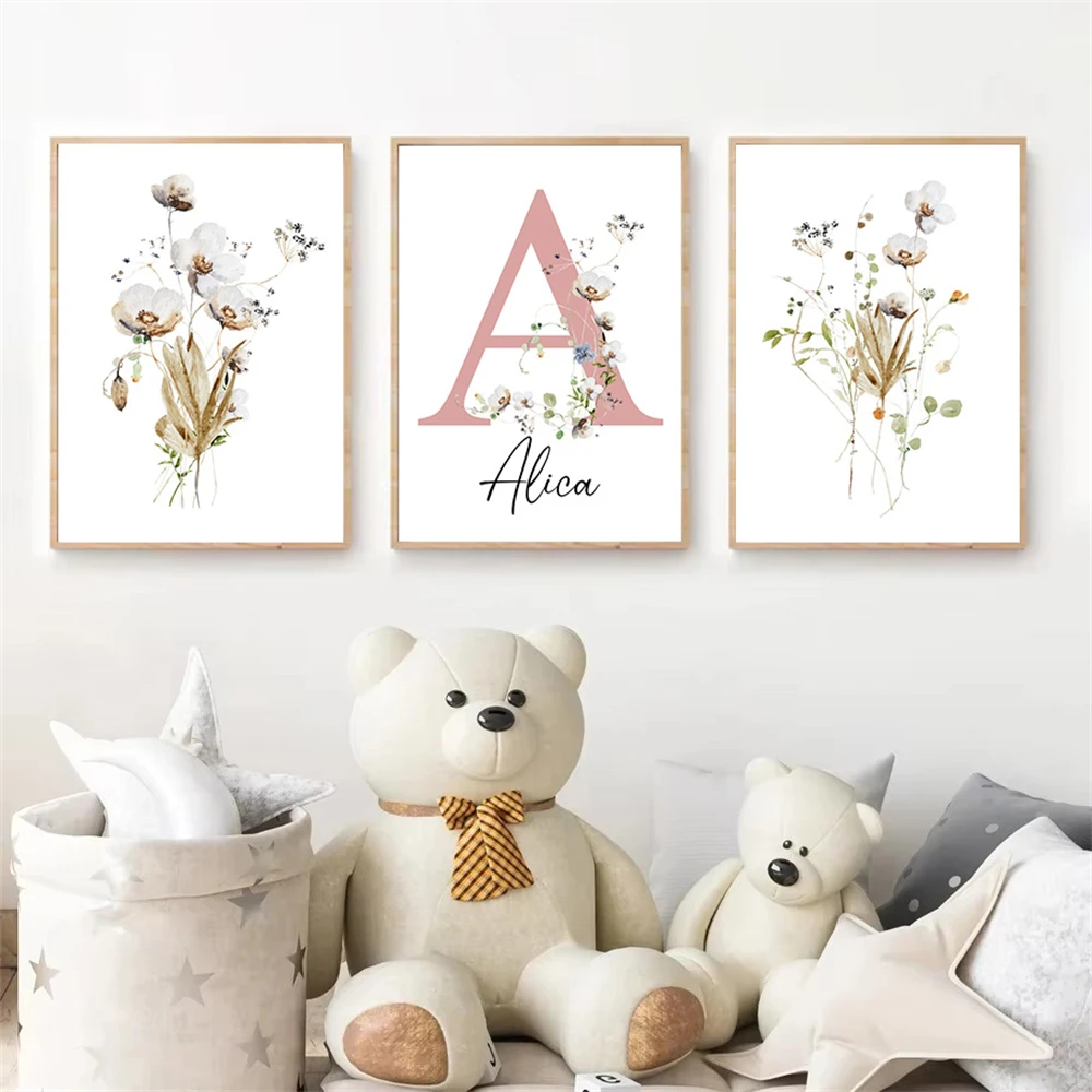 Boho Wildflowers Nursery Wall Art Canvas Painting Personalized Baby Name Posters And Prints Pictures Kids Gilrs Room Decoration