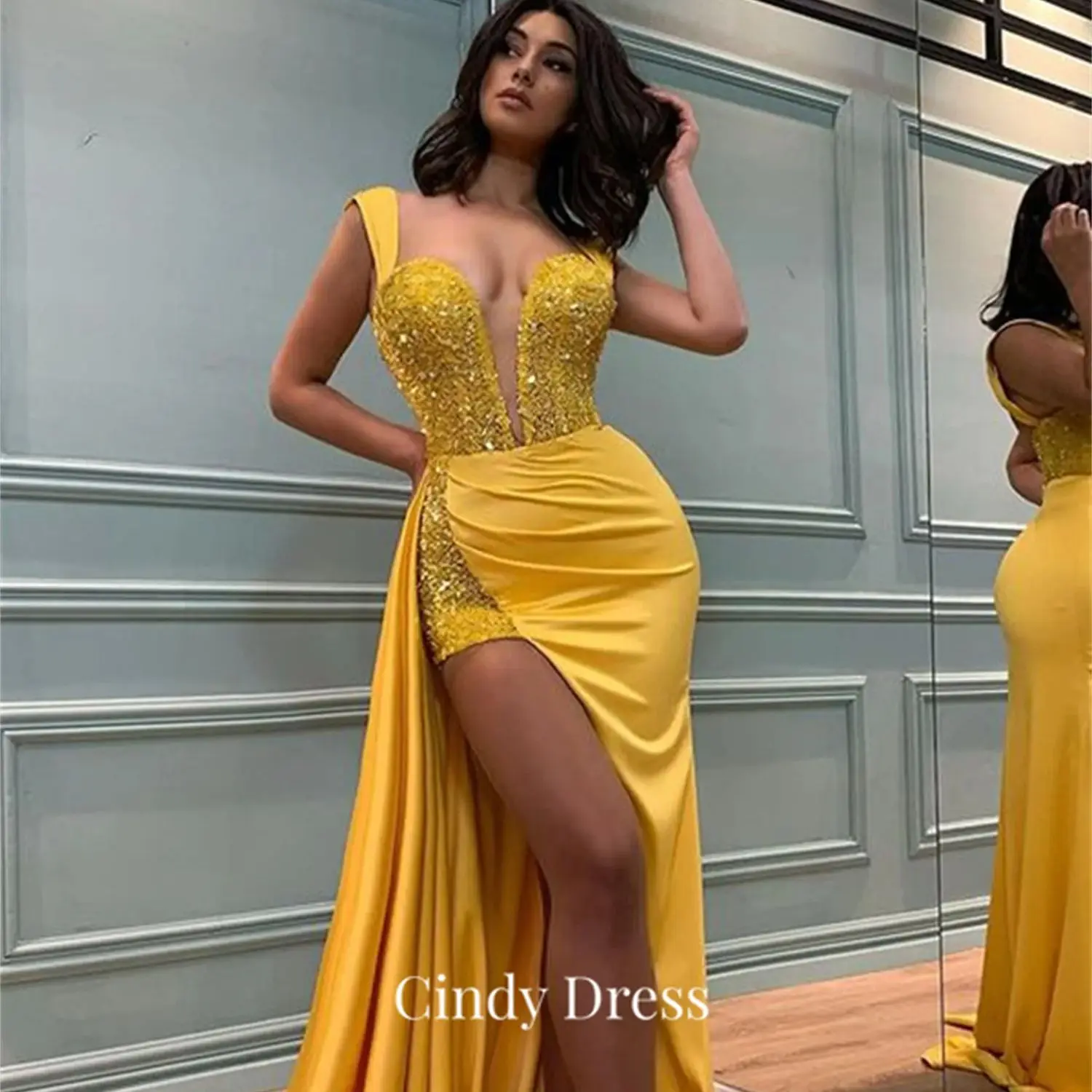 

Cindy Yellow Woman's Evening Dress Sequins Elegant Gowns Long Tail Bride Dresses Mermaid Luxurious Women's Satin Wedding Guest