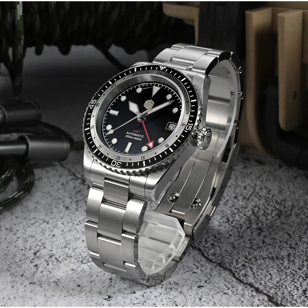 San Martin Men Diving Watch NH34 GMT Bidirectional Bezel Business Automatic Mechanical Sapphire Waterproof 200m Luminous Date