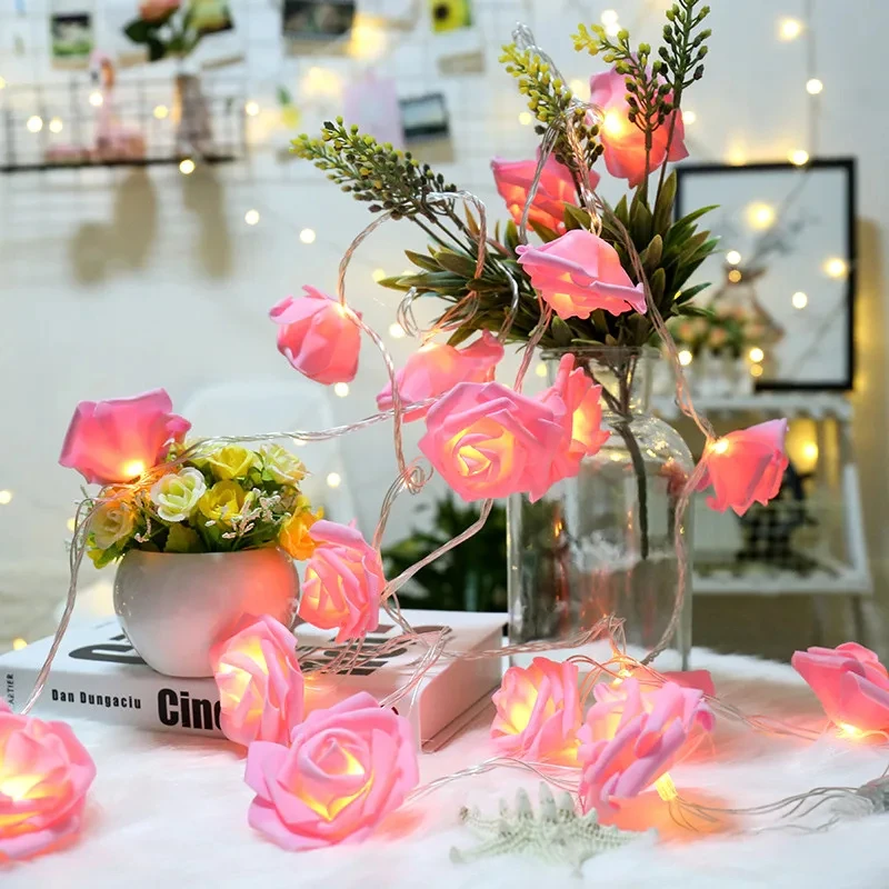 Guirnalda de luces con forma de rosa, guirnalda de luces de espuma con pilas para el hogar, dormitorio, boda, Día de San Valentín