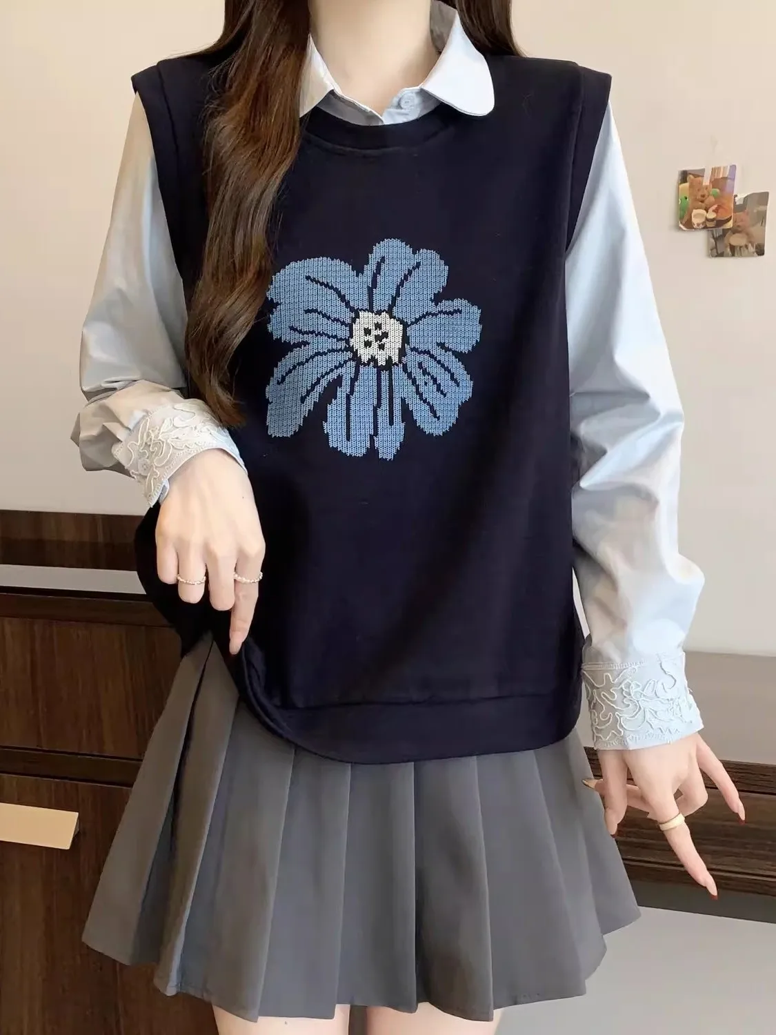 

Collar Sweatirt Women's plus Size Spring 2026 Casual Sle Floral Print Fake Two-Piece Loose Fit Long Sve irt