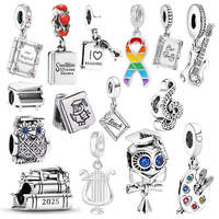 Fine Wise Owl Graduation Music Art Book Bag Dangle Charm Bead Fit Original 925 Sterling Silver Bracelet DIY Jewelry Gift