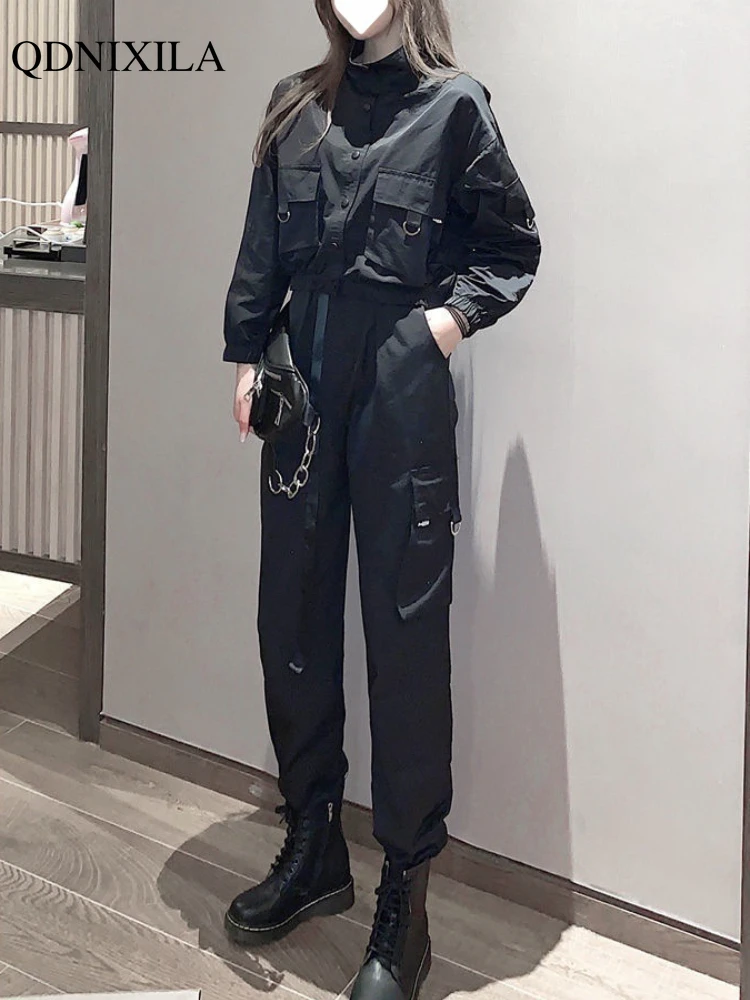 여성용 2 피스 세트 자켓 및 바지 카고 트랙 슈트 한국 스타일 캐주얼 streetwear 스포츠 복장 가을 겨울 야외 착용