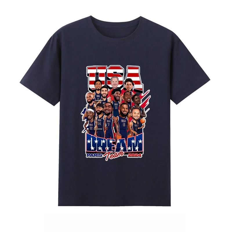 تي شيرت صيفي للرجال من USA Dream Team Jersey برقبة دائرية وأكمام قصيرة مطبوع عليه Durant James Curry تي شيرت رياضي من القطن الخالص #6