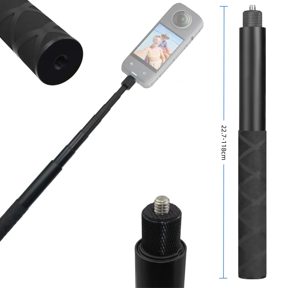 22,7-118cm Unsichtbare Verlängerungsstange Selfie-Stick Aluminiumlegierung Griff Einbeinstativ für Insta360 X4 X3 X5 Action-Kamera Zubehör
