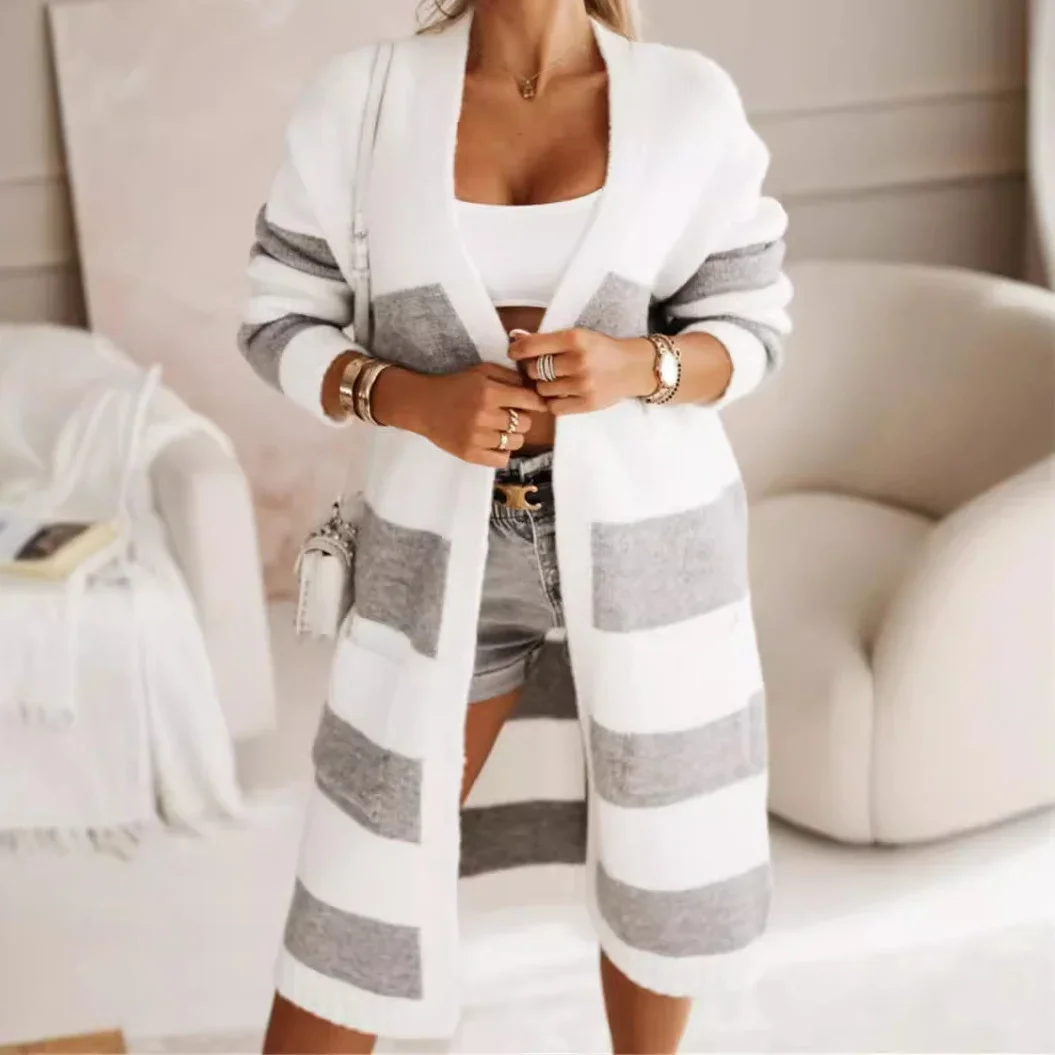 Women Striped Sweater Cardigan Kintted Jacket Spring Autumn 2024 Crochet Loose Long Winter Maxi Warm Jumper Coat Cardigans