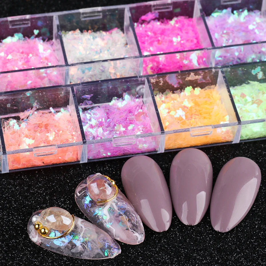 12 Grids 3D Nail Sequins Glitter Holographic Irregular Fragment Fluorescence Slice Sparkly Aurora Flake Nail Art Decoration LYSP