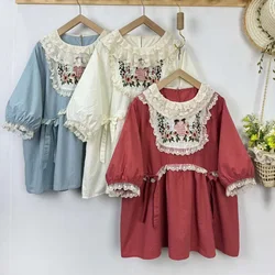 Mori Kei Clothing Lace Collar Cartoon Girl Flower Embroidery Cotton Shirts Women Sweet Lolita Vintage Kawaii Loose Blouse Tops