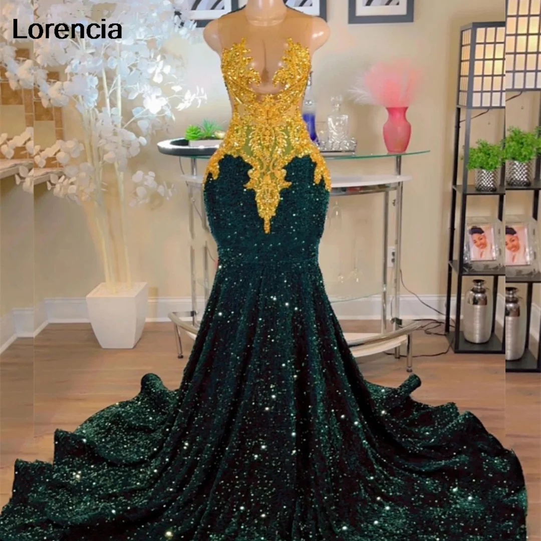 

Lorencia Emerald Green Sequins Mermaid Prom Dress For Black Girl 2024 Gold Crystal Beaded Formal Party Gown Robe De Soiree YPD49