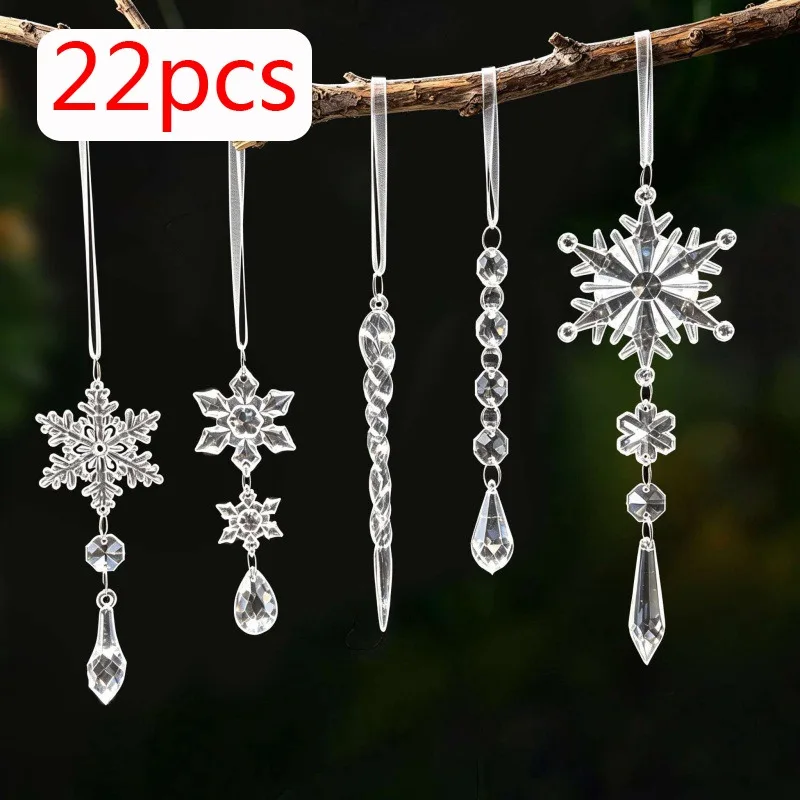 22pcs Set Christmas Crystal Ornaments for Christmas Tree Decor Acrylic Crystal Snowflake Icicle Xmas Decoration