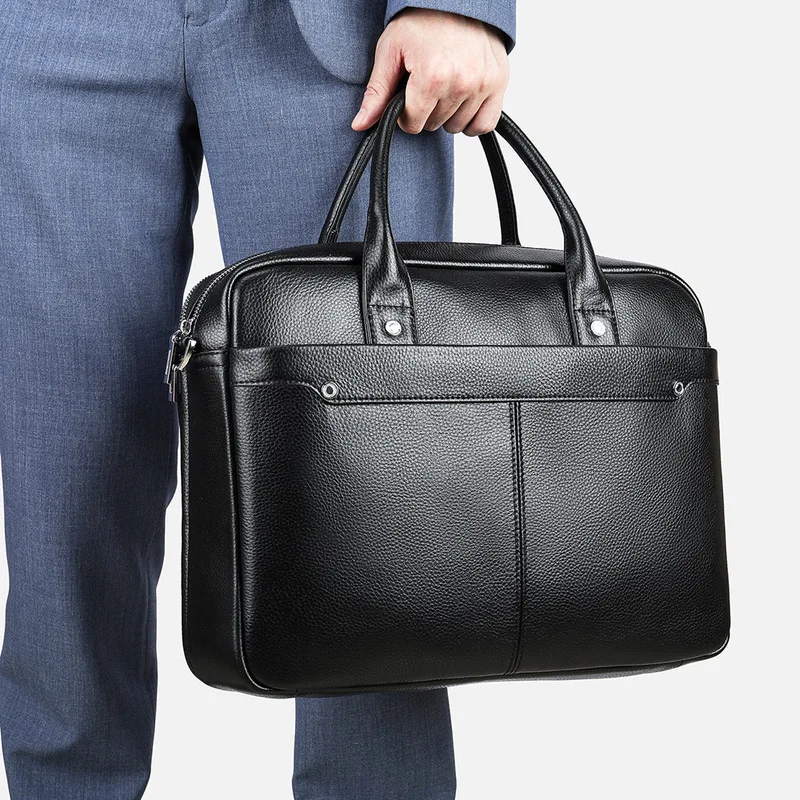 Top layer cowhide briefcase for casual business men genuine leather crossbody bag black computer carrying bag leather handbag