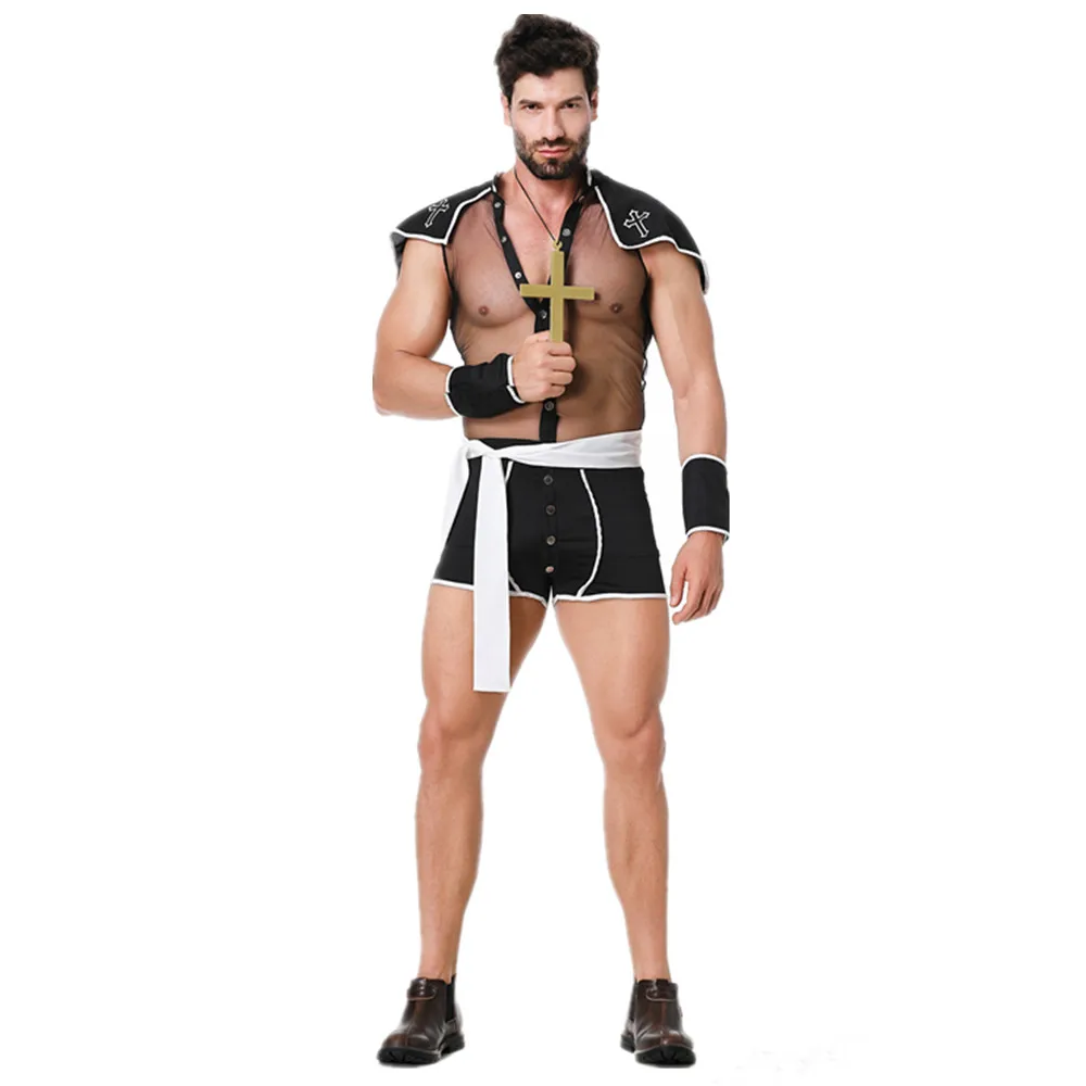 Adult Mesh Sexy Priest Costume Men Cosplay Halloween Party Christian Pastor Uniform Set