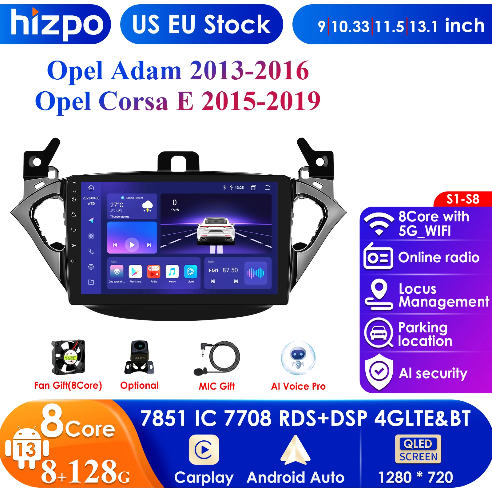 Hizpo 4G 9'' AI Intelligent Systems Wireless CarPlay Android Auto Radio for Opel Adam for Opel Corsa E Car Multimedia GPS 2din