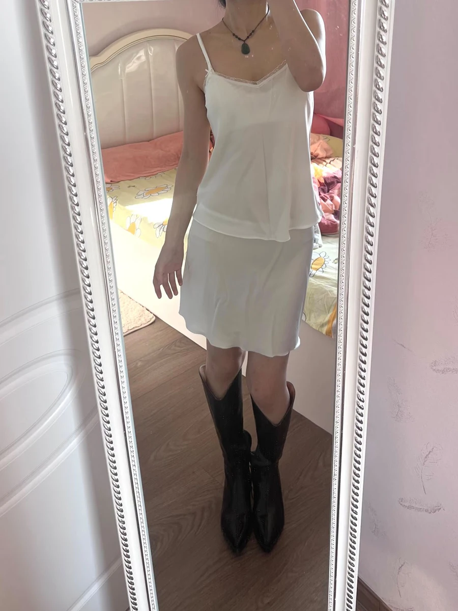 White Stain Pajama Set Woman Summer Lace Trim V-neck Camis+Bow Low Waist Mini Skirt Female Casual Home See Through 2 Piece Sets