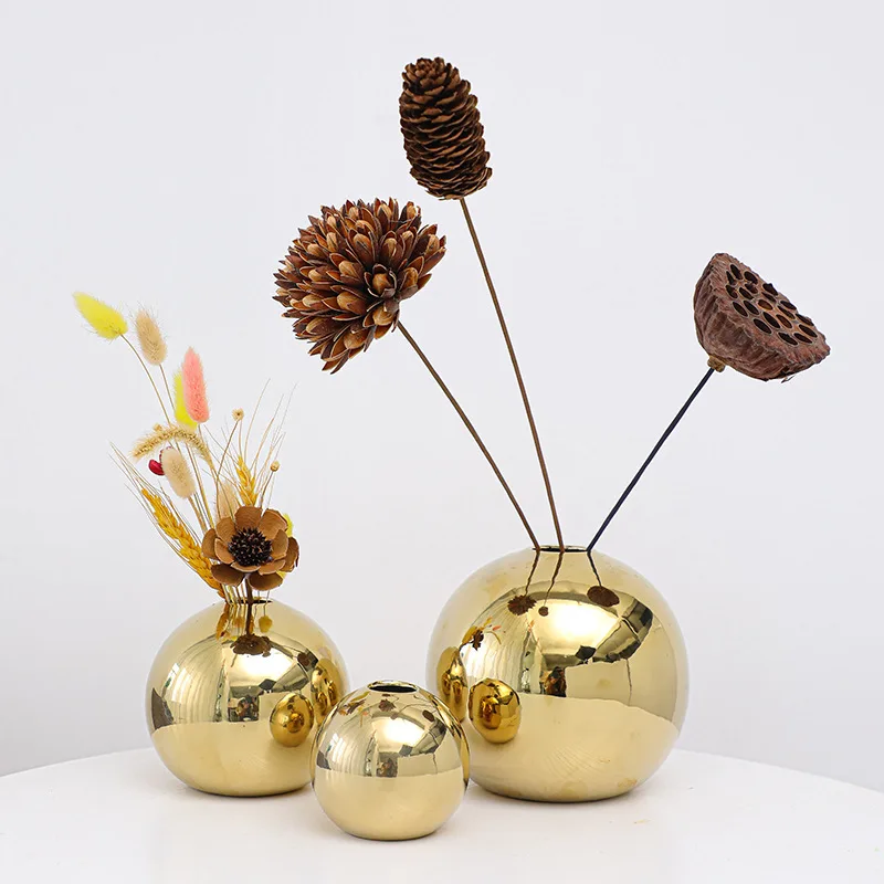 Ceramic Vase Gold-plated Ball Flower Arrangement Desktop Hydroponics Container Living Room Office Bookcase Vase Gold Vase
