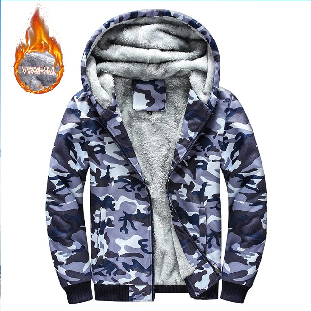 Jesienno-zimowa nowa odzież męska Plus polar i gruba bluza z kapturem w kamuflażu moda męska brytyjski duży rozmiar wąski płaszcz