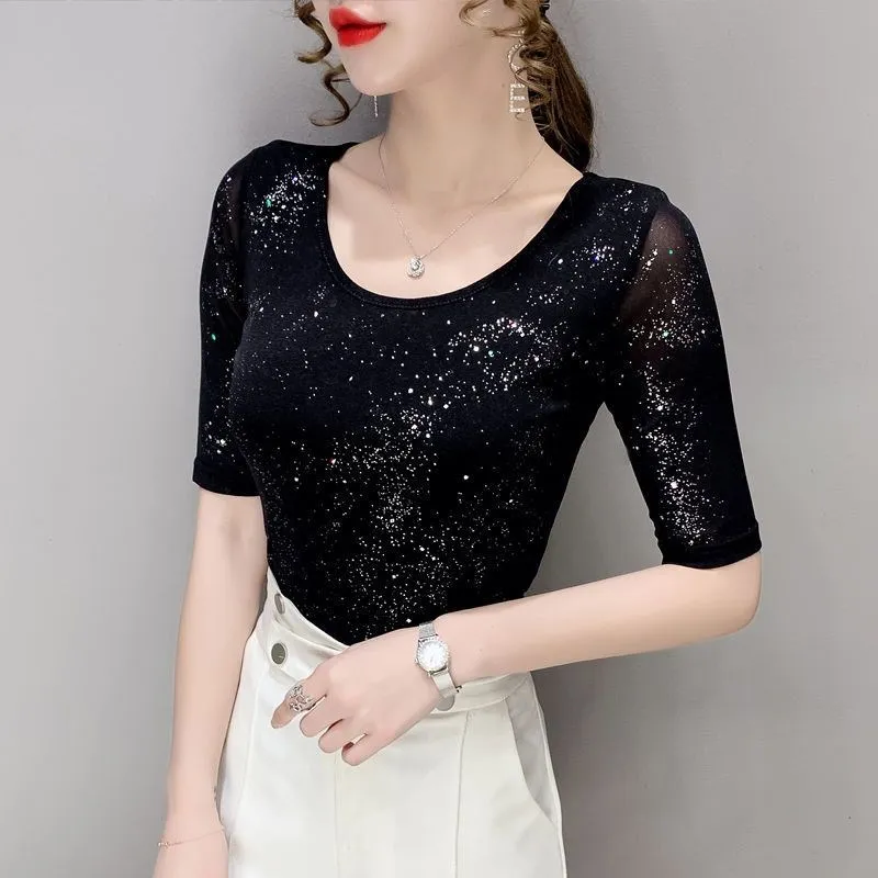 Summer Lady Mesh Tops Round Neck Short sleeved Bright Silk Tees Korean Fashion Black T shirt Women