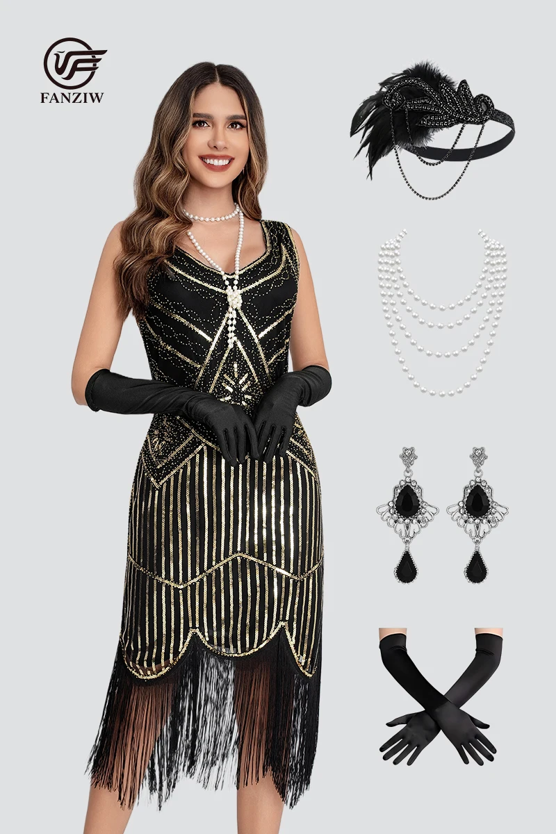

1920s Flapper Dress Women Sequin Fringe Great Gatsby Dress Vintage Roaring 20s Tassel Cocktail Party Dress with 20s Accessories