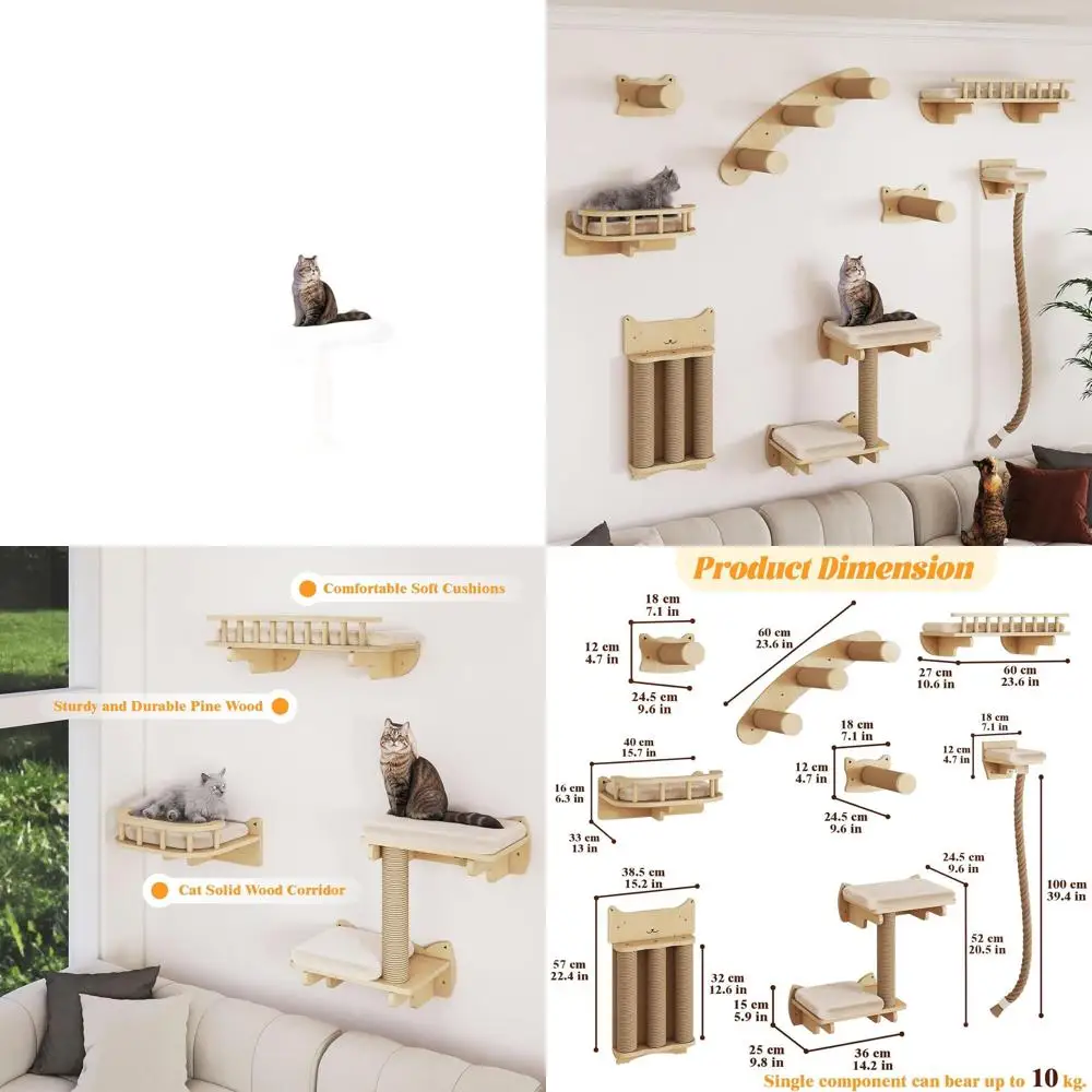 

Набор для лазания на стену для кошек из натурального дерева, 8 элементов: когтеточка, платформа, сизалевый канат и лежанка для игр и отдыха