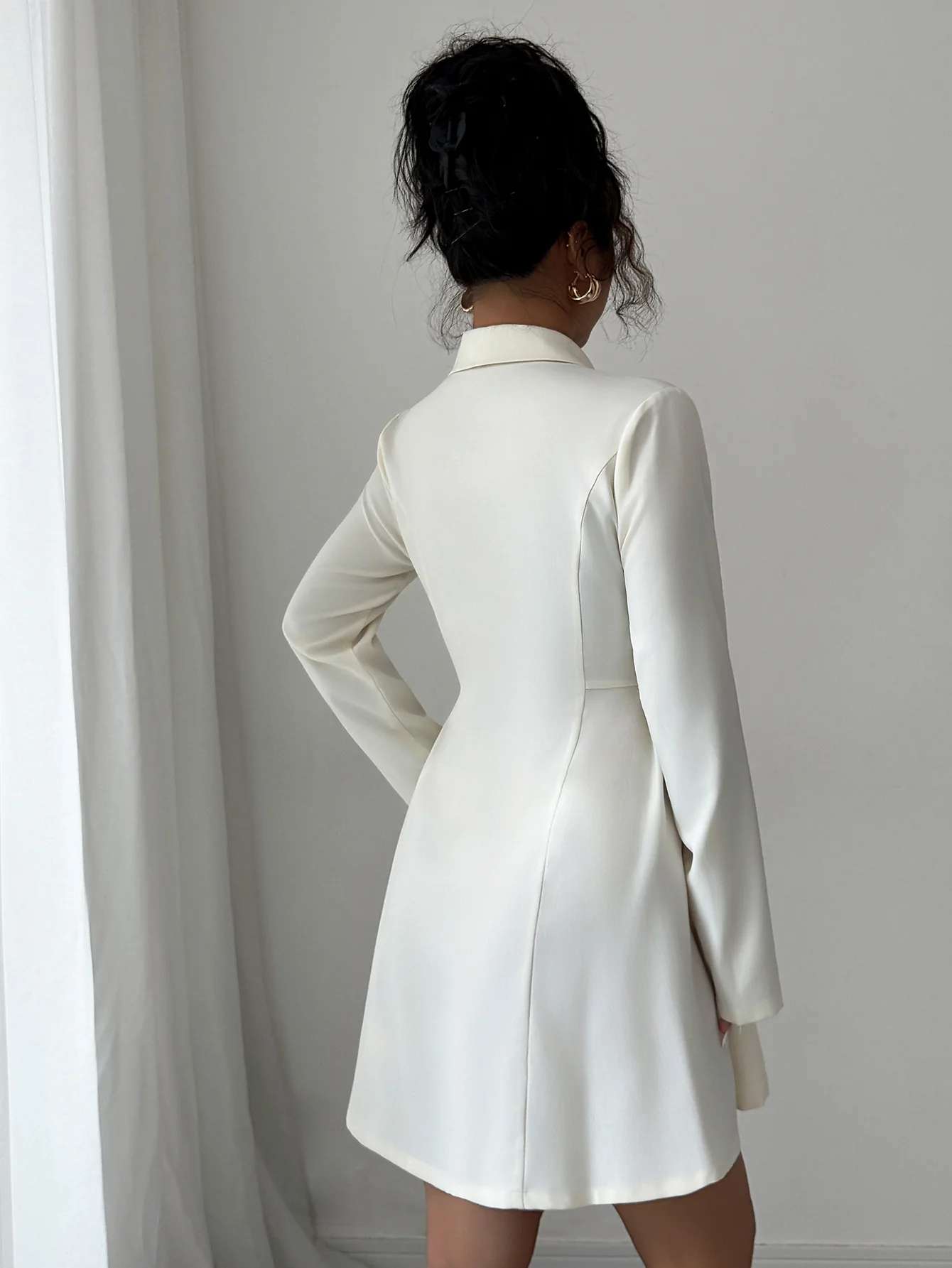 Women's Solid Color Button Up Long Sleeve Notched Collar Elegant Work Mini Dress Office Formal Casual Women's Clothing