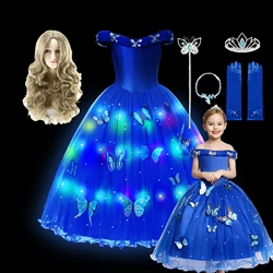 Girls LED Light Up Cinderella Princess Cosplay Dress for Girl Kids Ball Gown Butterfly Carnival Tutu Mesh Clothing for Birthday