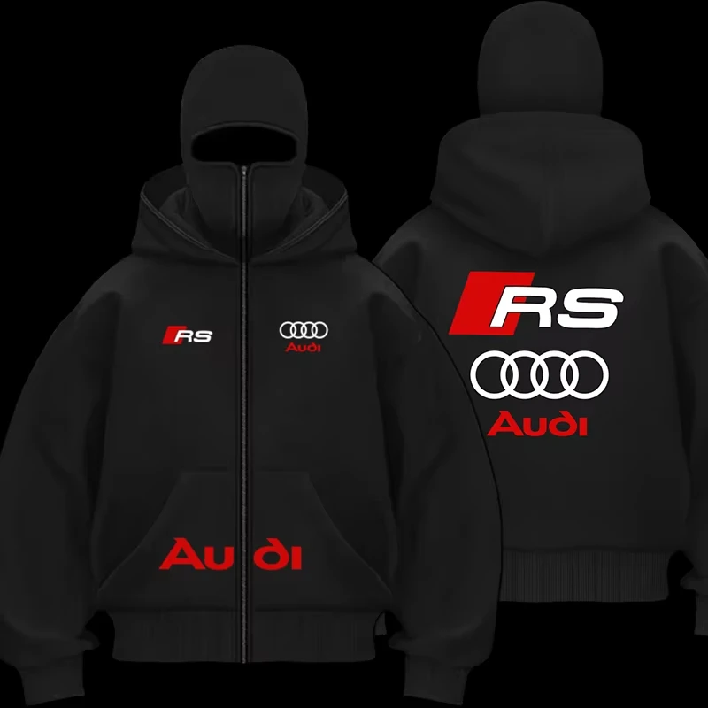 Audi Brand Windproof Warm Motorcycle Jacket with Double-Layer Hooded Cardigan Sweatshirt Personalized Style