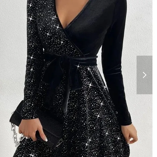 Women Elegant A Line V Neck Midi Dress for Wedding Guest Prom Robe Cocktail Femmes Velvet Long Sleeve Solid Color Sequin