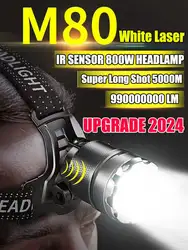 Farol de indução laser branco, poderoso sensor cabeça tocha, zoom XHP70 farol, TYPE-C, lanterna de pesca recarregável, 80W