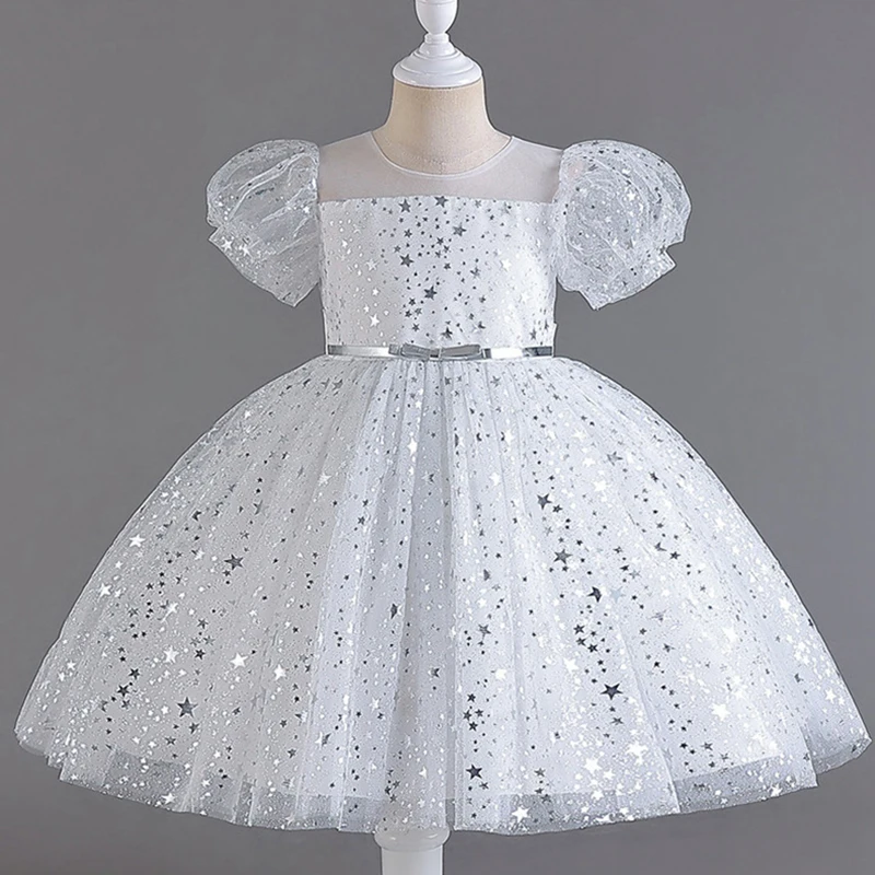 Robe à fleurs blanches brillantes pour filles, tulle pailmétrage, col rond, manches courtes, fête de mariage, gala, anniversaire d'enfant, robe de princesse, 2023