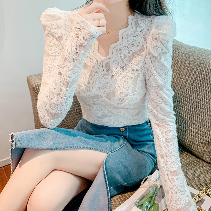 Elegant Sexy Rose Red Lace Shirt Blouse Beautiful Bubble Sleeve Brushed Basic Top Women Autumn Blusas Black White