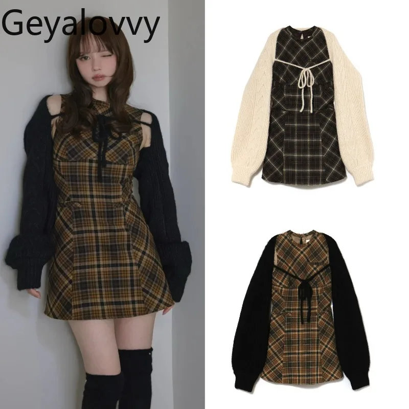 

Японское ретро-платье в клетку для осени и зимы, милое платье с открытыми плечами и завышенной талией, а также вязаная блузка с длинными рукавами и элементами пэчворка
