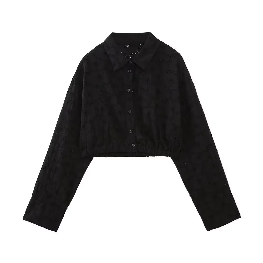 

Taop&Za 2024 Autumn New Women's Fashion Casual Versatile Collar Long Sleeve Hollow Embroidery Short Shirt